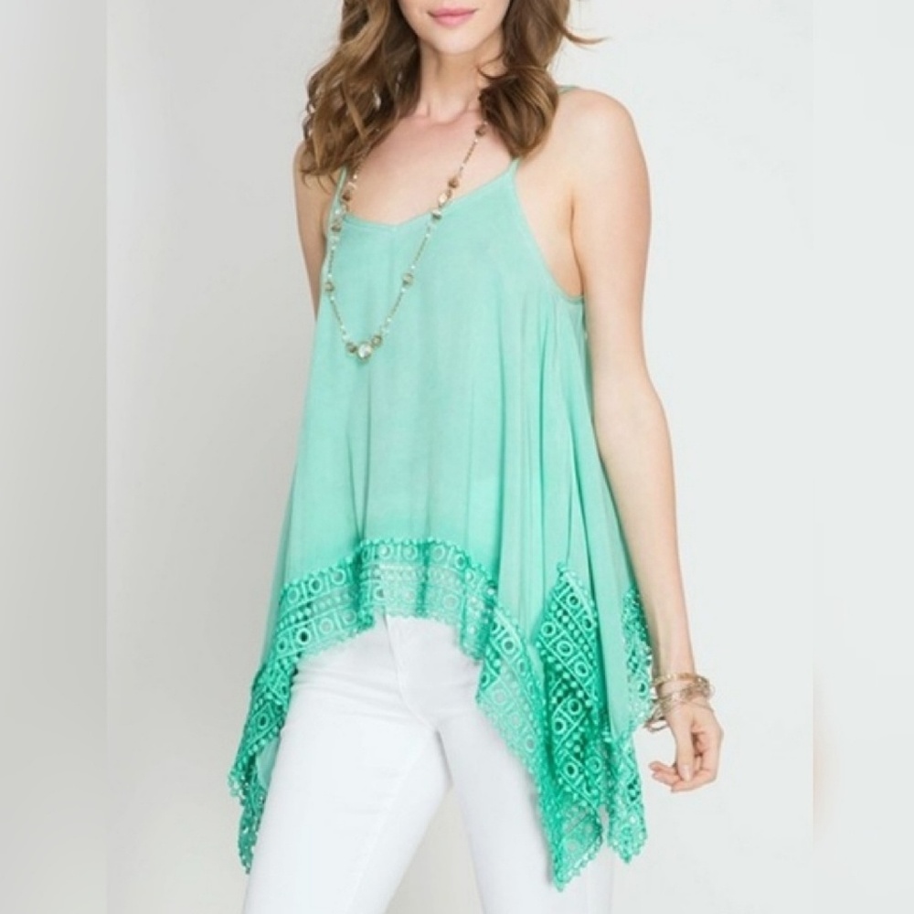ASHLAND Tank Top Strappy Swing Style Cotton Lacey Handkerchief Hem Jade Sm NWT